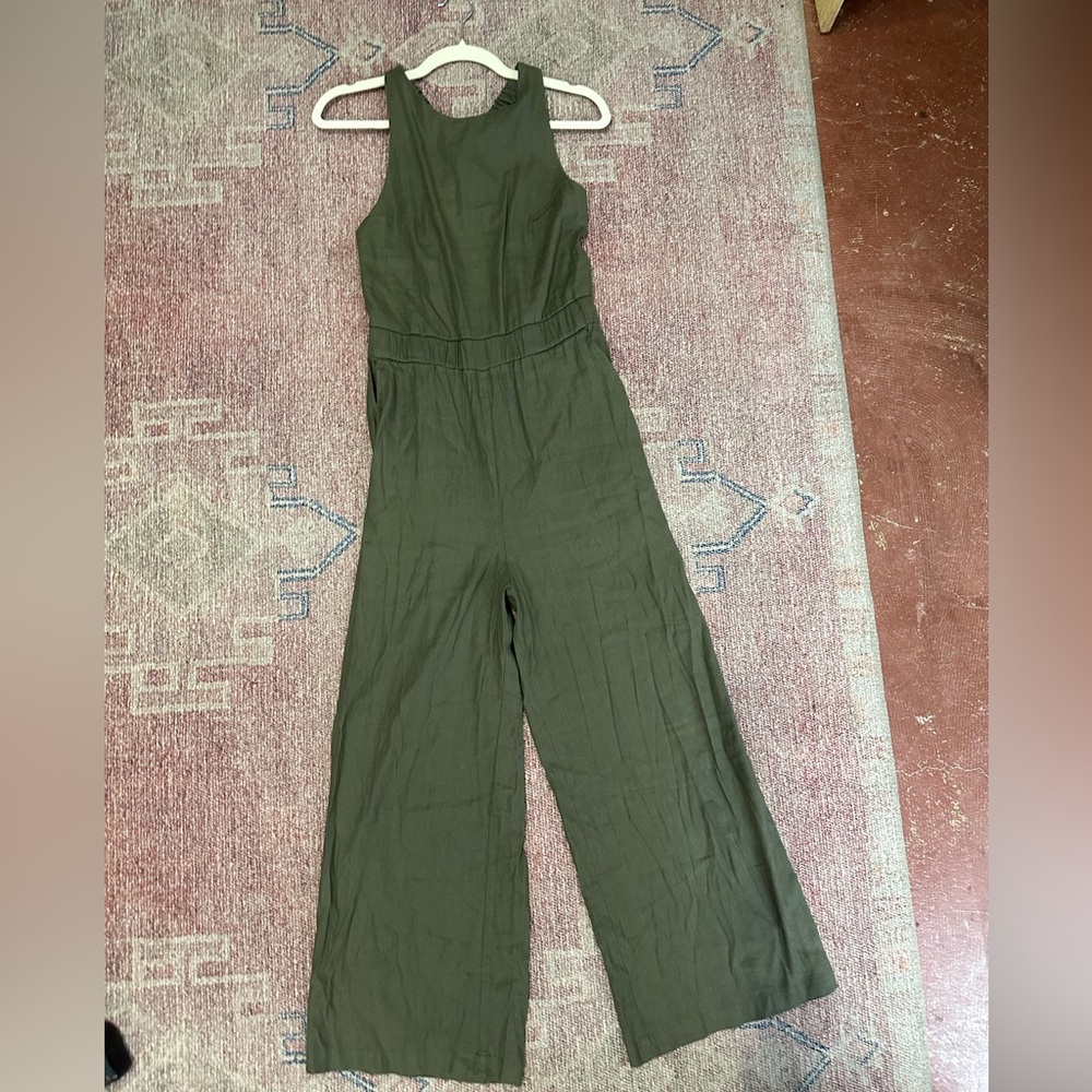 Monrow Racerback olive small linen jumpsuit wide leg fitted bodice